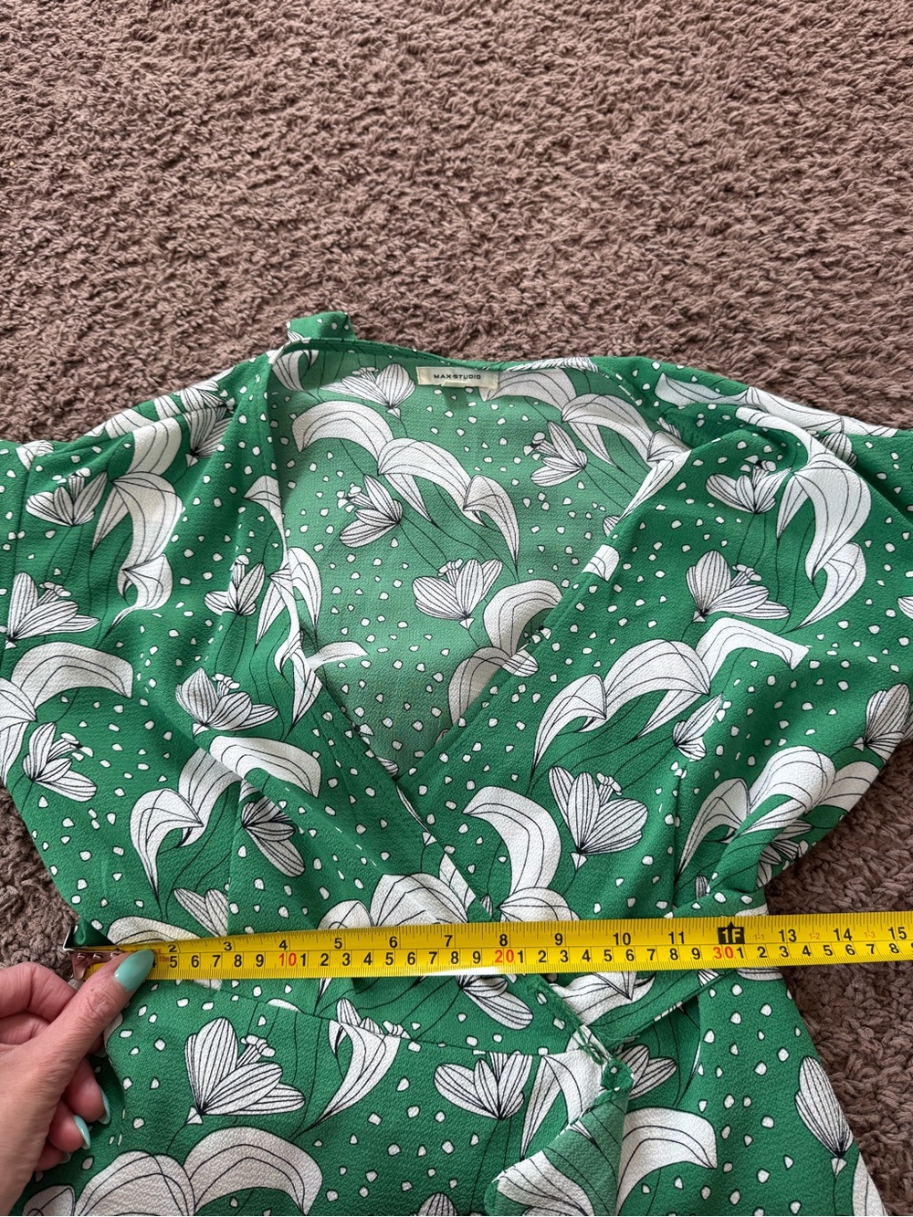 Max Studio Green Floral Print Ruffle Wrap Dress High Low Midi Flutter Sleeve XS - Picture 11 of 11